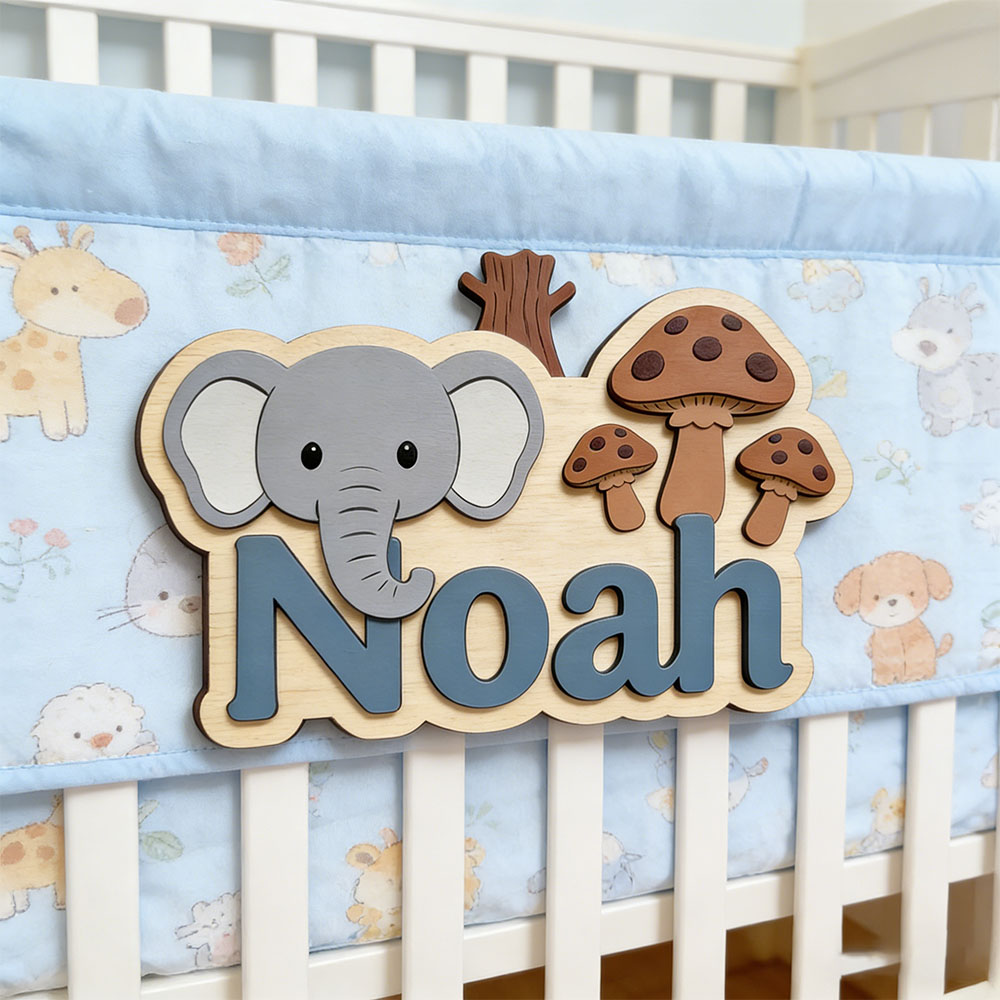 Baby Nursery Forest Theme - Customizable Cartoon Elephant & Mushroom Name