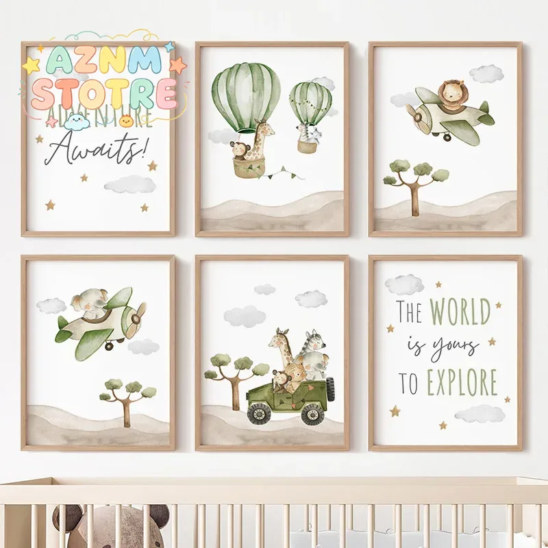 Baby Nursery Giraffe - Hot Air Balloon Animals Posters Canvas