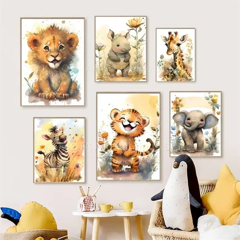 Baby Nursery Giraffe - Watercolor Lion Giraffe Tiger Elephant Zebra