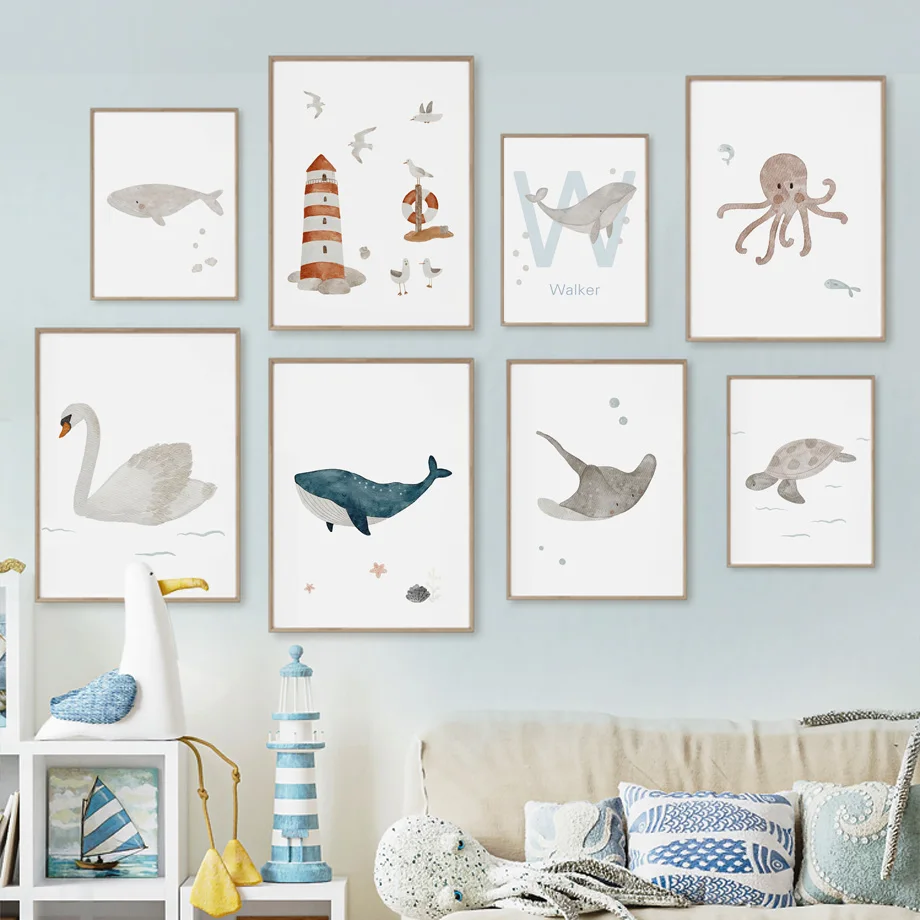 Baby Nursery Ocean - Custom Name Whale Octopus Turtle Swan