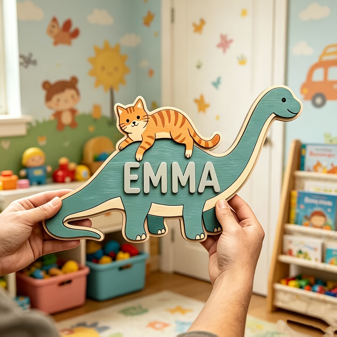 Personalized Cat Riding Dinosa - Baby Nursery Name 评论和价格