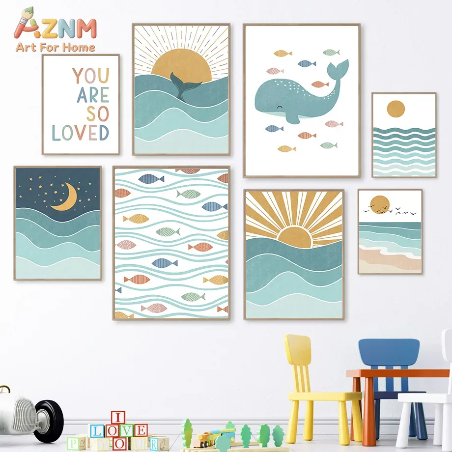 AZNM Boho Ocean Canvas Wall Ar - Baby Nursery Ocean 评论和价格