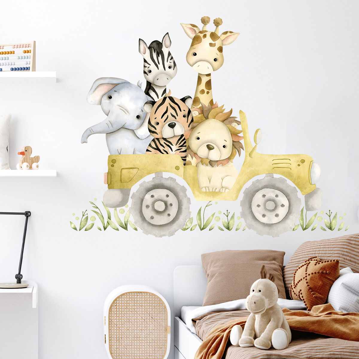 Cute Animals Drive Jeep Wall S - Baby Nursery Giraffe 评论和价格