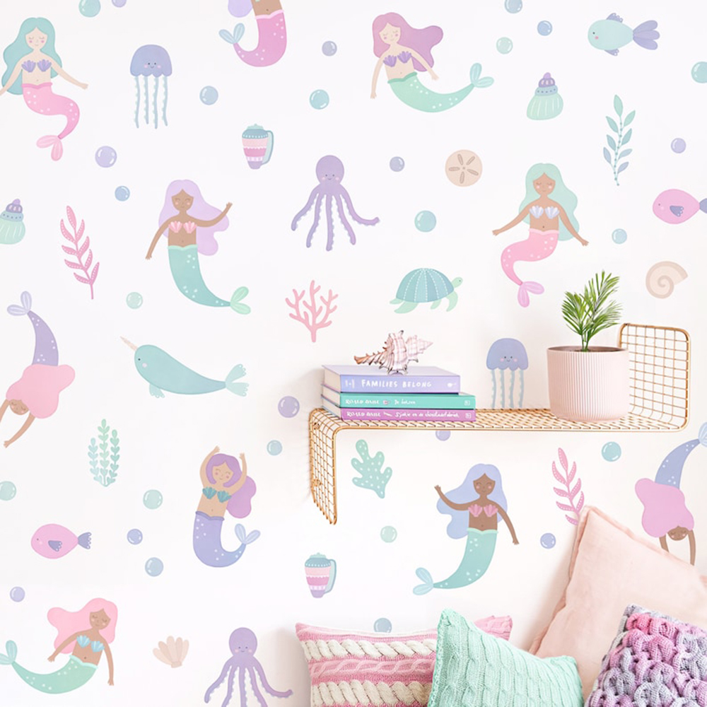 Watercolor Mermaid Wall Sticke - Baby Nursery Ocean 评论和价格